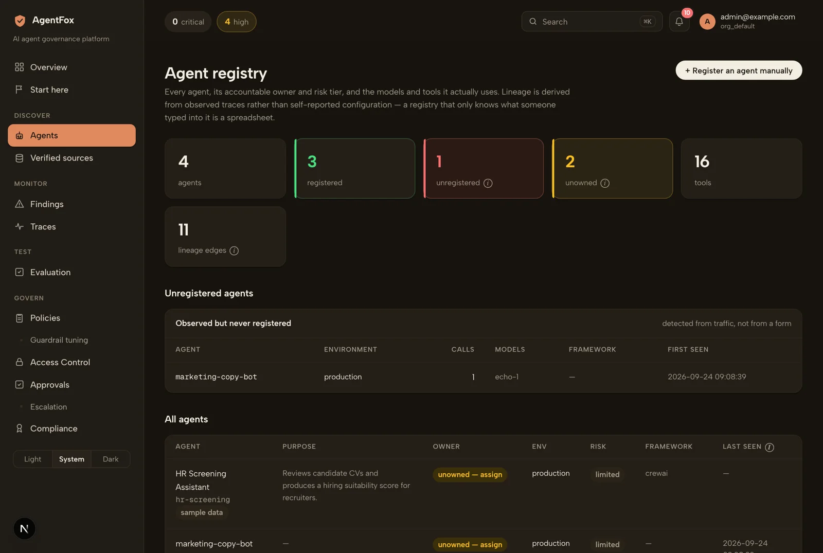 The Agents screen, listing registered and shadow agents with owner, risk tier and status.