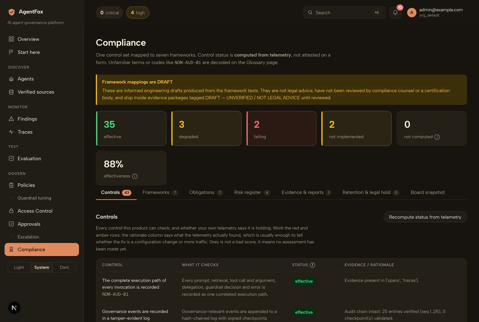 The Compliance screen, with control status computed from telemetry and the DRAFT mapping banner.